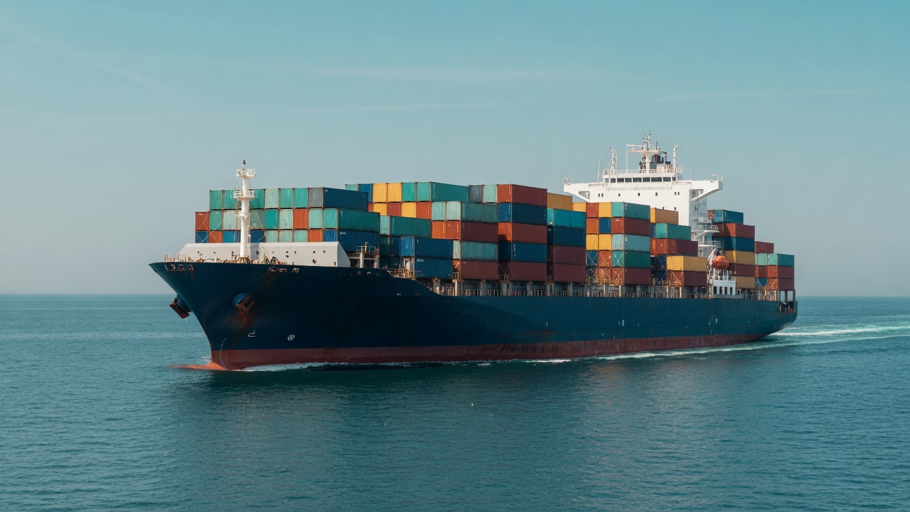 Ocean freighter loaded with shipping containers under open sky