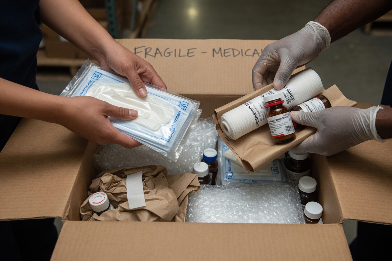 Hands packing sterile medical goods