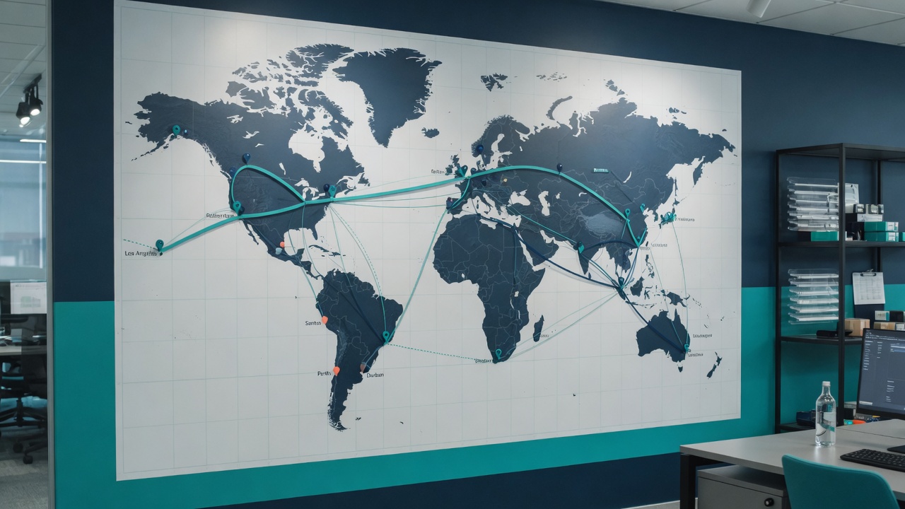 World map wall showing international shipping corridors