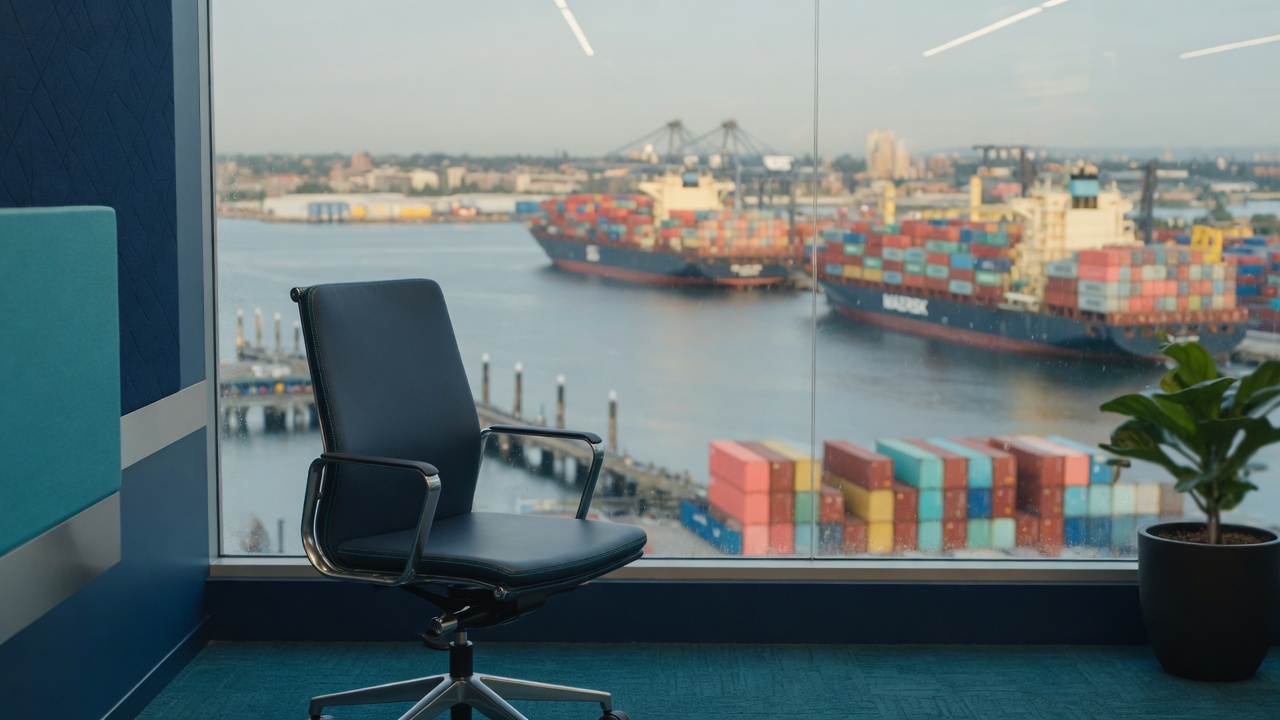 Modern coordination office overlooking harbor logistics